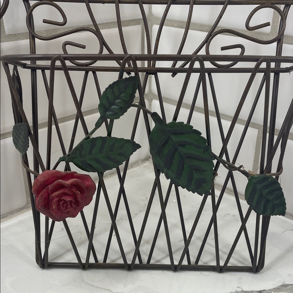 Decorative Metal Wall Basket with Rose Design - Picture 2 of 3
